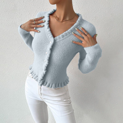 Women’s V-Neck Cardigan – Slim Fit – Pearl Buttons – Ruffle Trim
