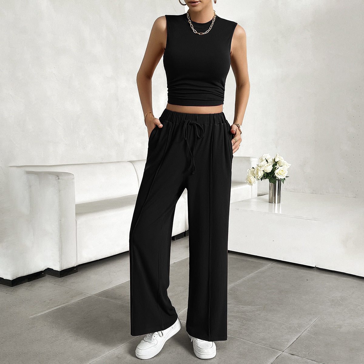 Women’s 2-Piece Set – Sleeveless Crop Top – Wide-Leg Pants – Lightweight Cotton Blend