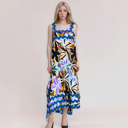 Women’s Long Dress – Floral Print – Flowing A-Line Fit – Strappy with Wavy Trim