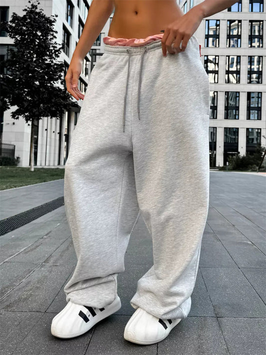Women’s Wide Leg Trousers – Relaxed Fit – Soft Knit – Drawstring Waist – Full Length
