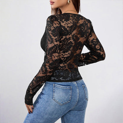 Women’s Lace Blouse – Slim Fit – Deep V-Neck – Long Sleeve Sheer Ruched Design