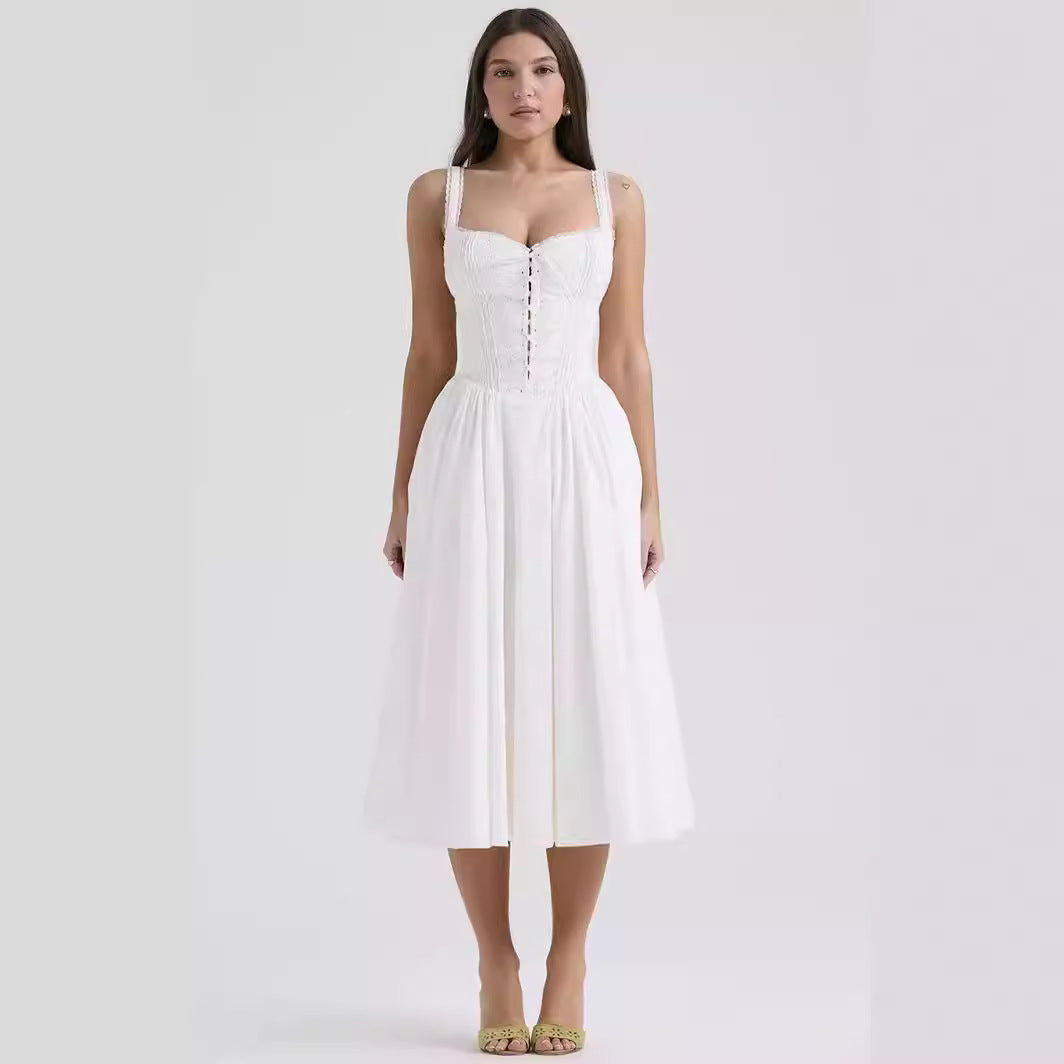 Women’s Midi Dress – Fitted Bodice – Off-Shoulder – Lace-Up Detail – A-Line Silhouette