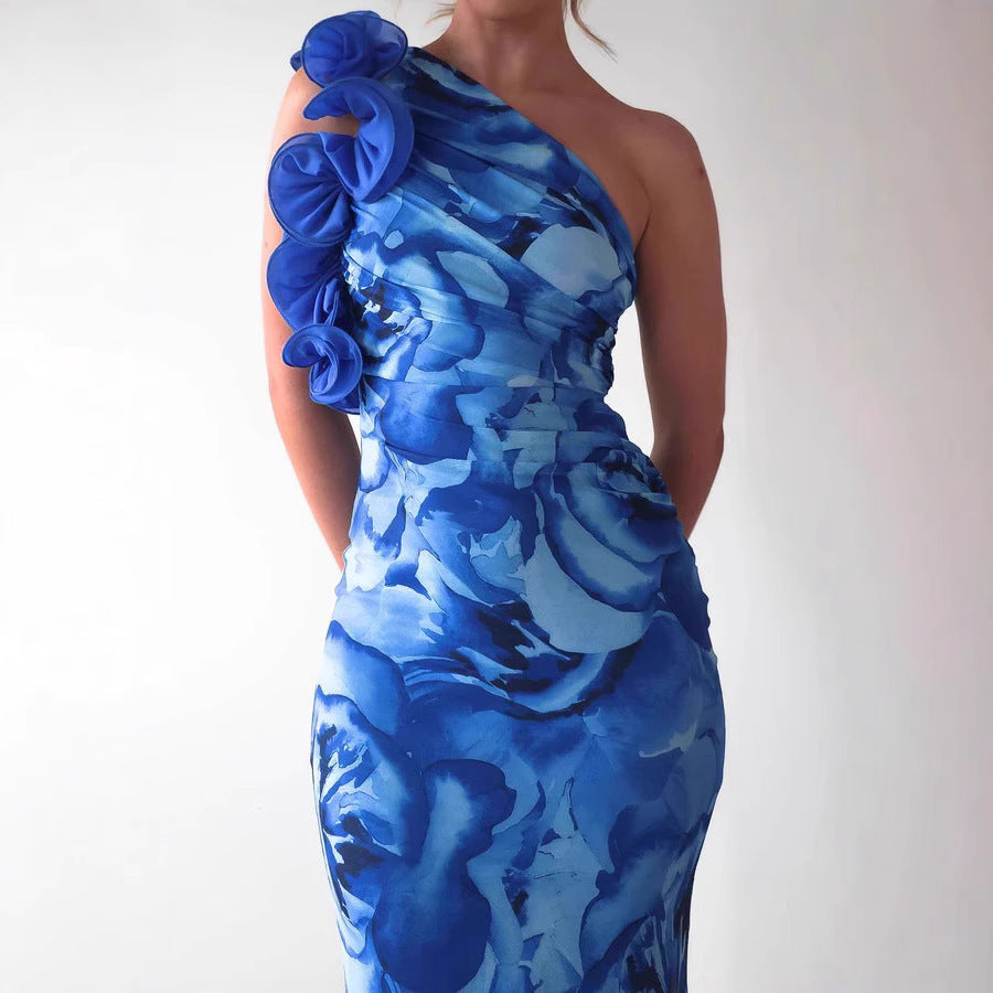 Women’s Midi Dress – Slim Fit – One Shoulder – 3D Floral Strap – Satin Finish