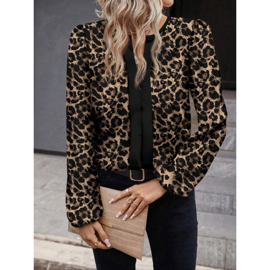 Women’s Blouse – Relaxed Fit – Leopard Print – Puff Sleeve – Casual Top
