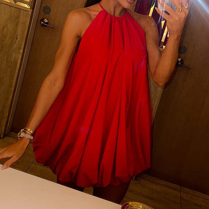 Women’s Halter Mini Dress – Lightweight Chiffon – Flowy A-Line Fit – Pleated Design