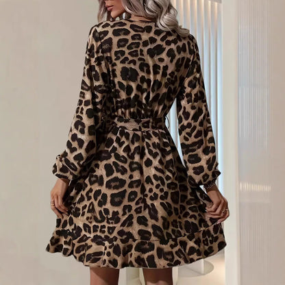 Women’s Wrap Midi Dress – V-Neck – Tie Waist – Balloon Sleeve – Leopard Print