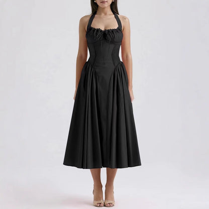 Women’s Halter Neck Dress – Slim Fit – Gathered Bodice – Backless – Midi Flared Skirt