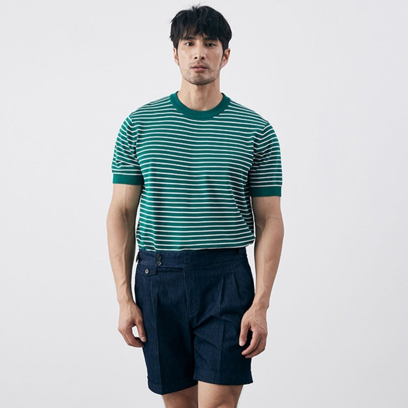 Men’s T-shirt – Slim Fit – Knit Cotton Blend – Horizontal Stripe – Ribbed Trim