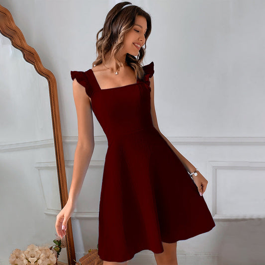 Women’s Mini Dress – Fit and Flare – Ruffled Straps – Square Neck – Soft Lightweight Fabric