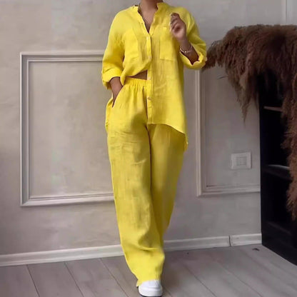 Women’s Shirt and Pants Set – Linen Blend – Relaxed Fit – Wide Leg – Button Down Top