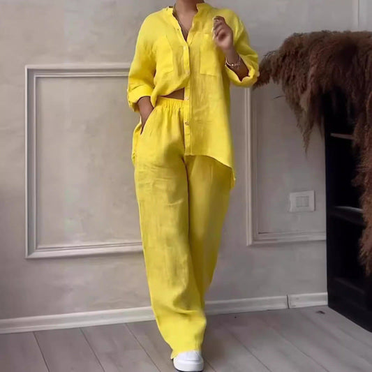 Women’s Shirt and Pants Set – Linen Blend – Relaxed Fit – Wide Leg – Button Down Top