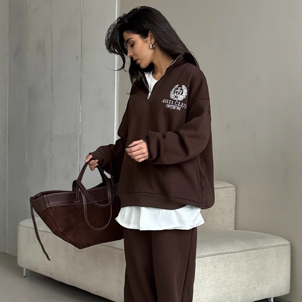 Women’s Sweatshirt – Oversized Fit – Half Zip – Embroidered Front – Cotton Blend