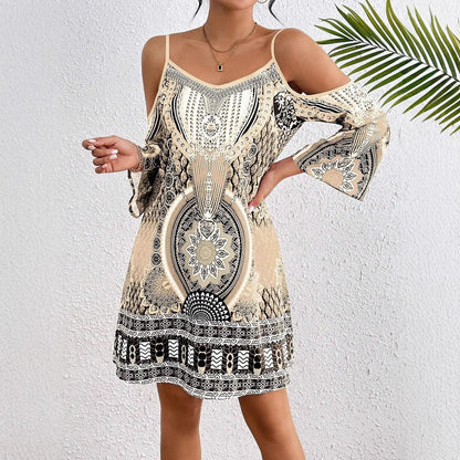 Women’s Midi Dress – Off-Shoulder – Relaxed Fit – Half Sleeve – Decorative Print