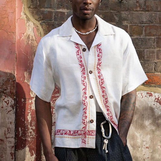 Men’s Short Sleeve Shirt – Relaxed Fit – Embroidered Linen Blend – Button Front
