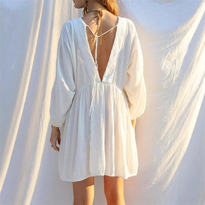 Women’s Mini Dress – Lightweight Sheer Fabric – V-Neck – Long Sleeve – Flowy Fit