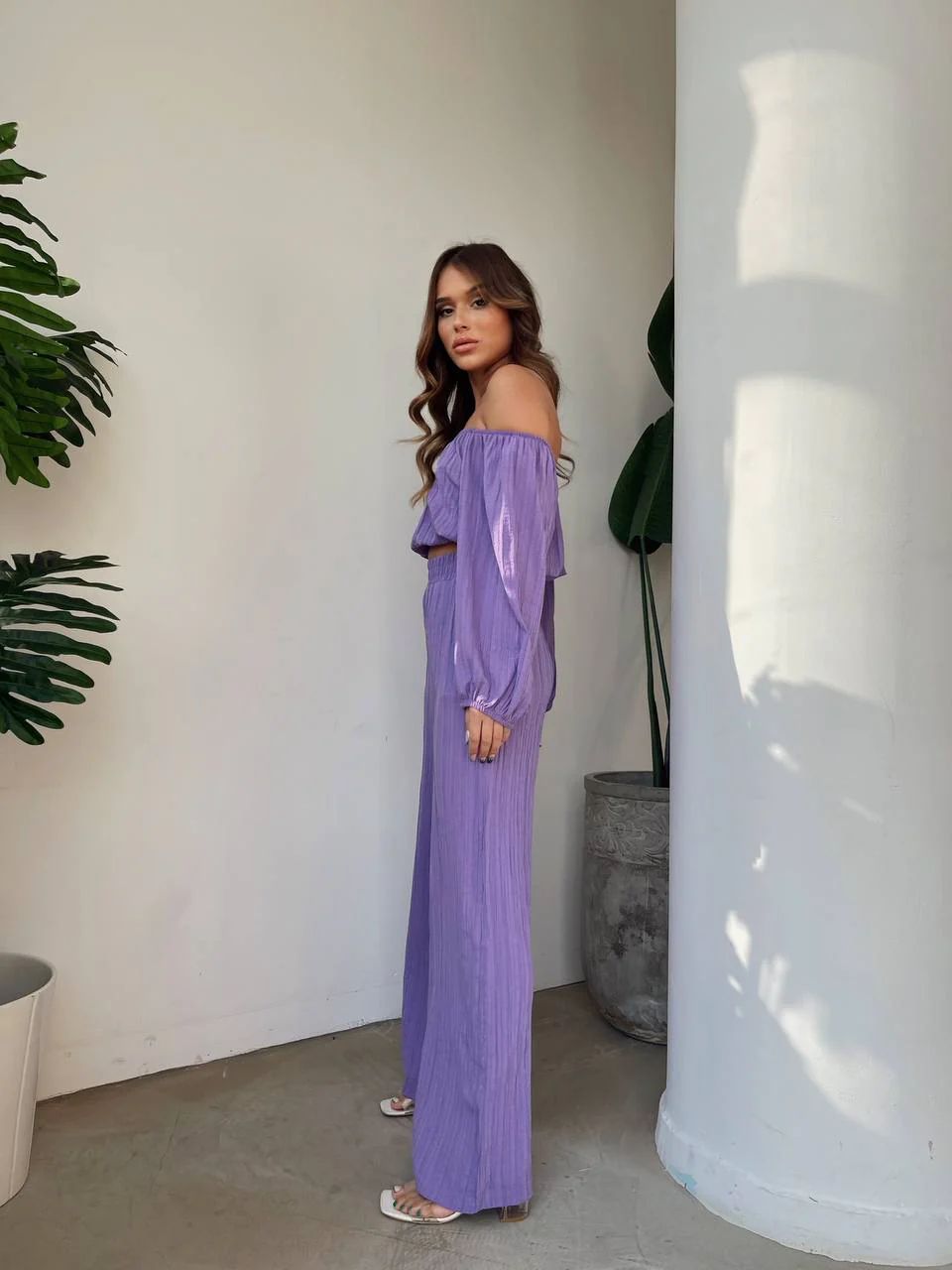 Women’s Two-Piece Set – Off-Shoulder Crop Top – Wide-Leg High-Waist Pants – Breathable Fabric