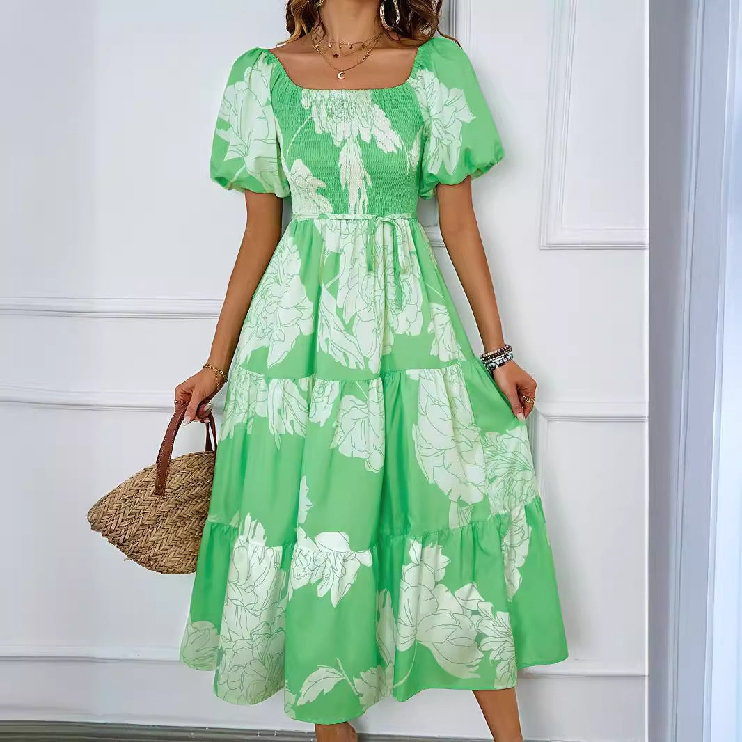 Women’s Midi Dress – Off-Shoulder – Puff Sleeve – Shirred Bodice – Tiered A-Line