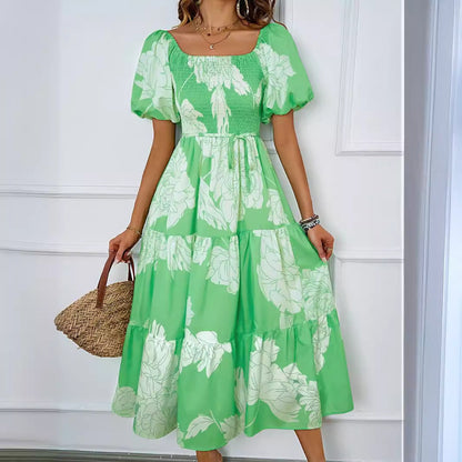 Women’s Midi Dress – Off-Shoulder – Puff Sleeve – Shirred Bodice – Tiered A-Line