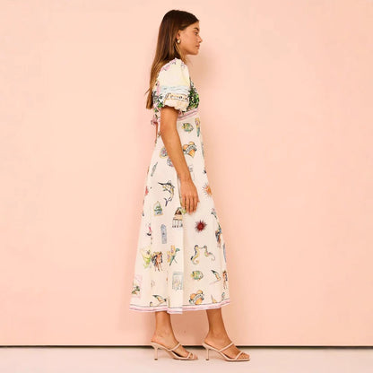 Women’s A-Line Dress – Cotton Linen Blend – Puff Sleeve – Artistic Print – Full Length