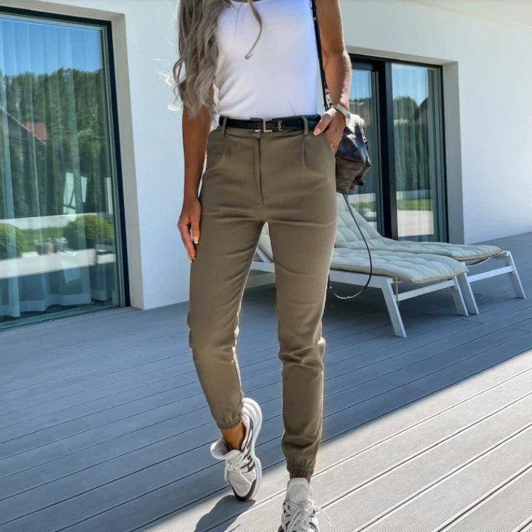 Women’s Tapered Pants – Slim Fit – Cotton Blend – Elastic Cuffs
