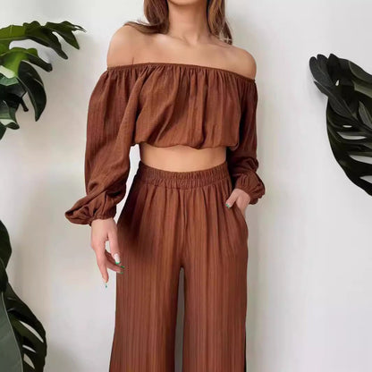 Women’s Two-Piece Set – Off-Shoulder Crop Top – Wide-Leg High-Waist Pants – Breathable Fabric