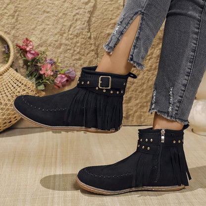 Women’s Ankle Boots – Suede Look – Fringe Detail – Metal Studs – Flat Sole Zip