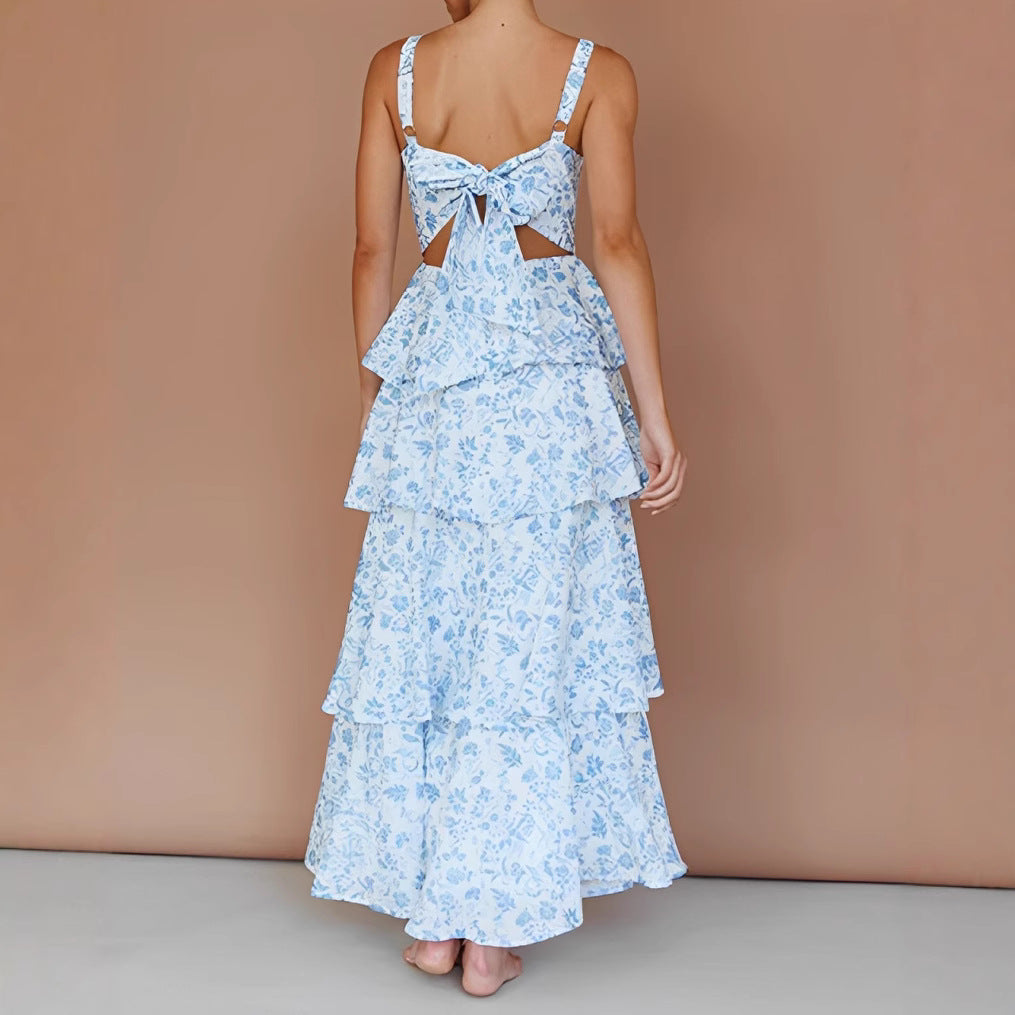 Women’s Midi Dress – A-Line Fit – Floral Print – Tiered Layers – Sleeveless Strappy