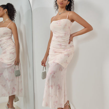Women’s Maxi Dress – Slim Fit – Spaghetti Straps – Ruching Bodice – Mermaid Hem