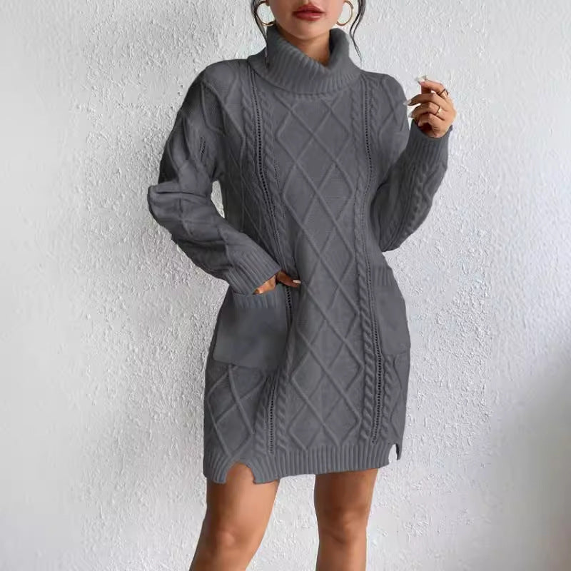 Women’s Sweater Dress – Cable Knit Wool Blend – Slim Fit – High Neck – Long Sleeve – Short Length