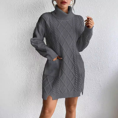 Women’s Sweater Dress – Cable Knit Wool Blend – Slim Fit – High Neck – Long Sleeve – Short Length