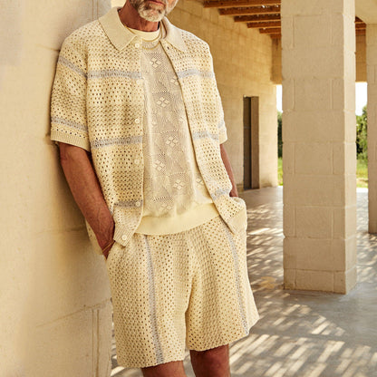 Men’s Knit Cardigan and Shorts Set – Relaxed Fit – Lightweight Open Knit – Button Front