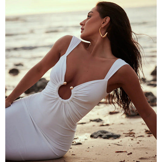 Women’s Maxi Dress – Slim Fit – V-Neck – Cut-Out Front – Open Back – Side Slit