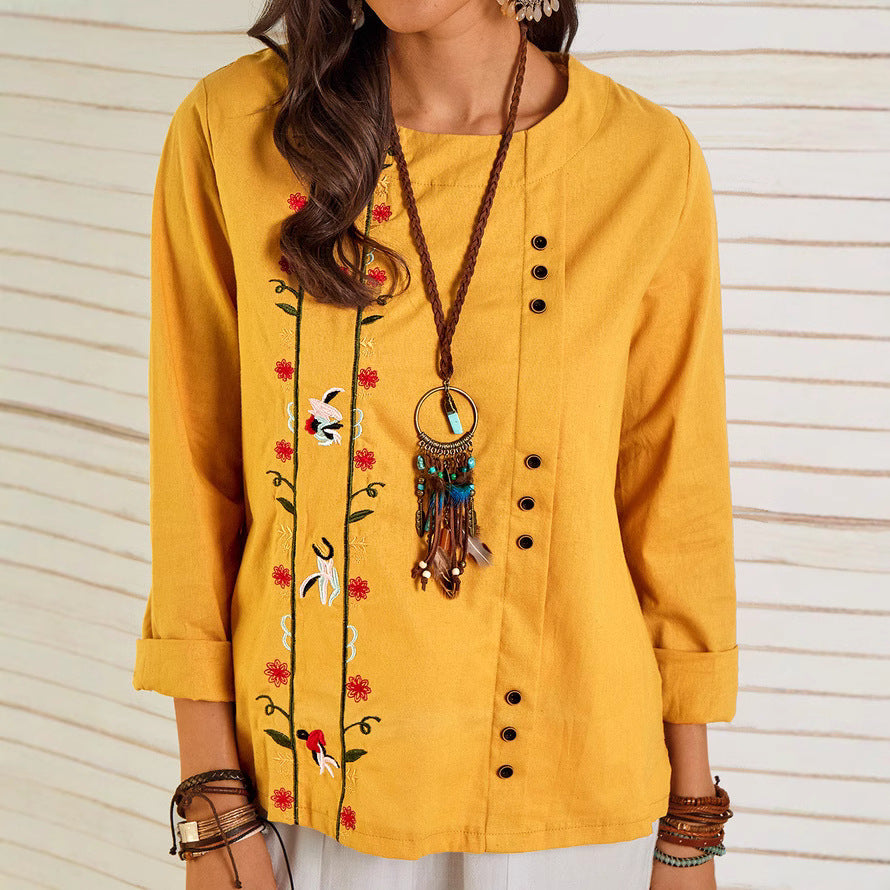 Women’s Blouse – Loose Fit – Linnen Cotton – Embroidered – Long Sleeve – Crew Neck
