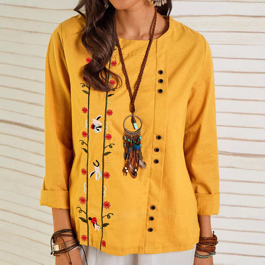 Women’s Blouse – Loose Fit – Linnen Cotton – Embroidered – Long Sleeve – Crew Neck