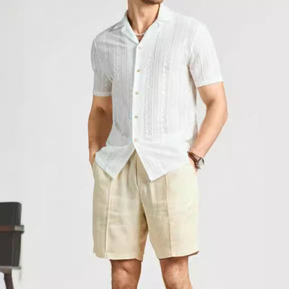 Men’s Short-Sleeved Shirt – Relaxed Fit – Lightweight Knit – Lace Button-Down Casual