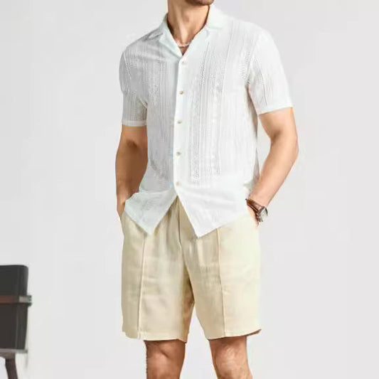 Men’s Short-Sleeved Shirt – Relaxed Fit – Lightweight Knit – Lace Button-Down Casual