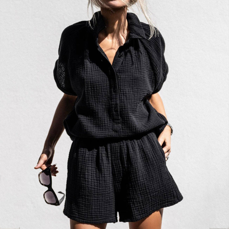 Women’s Lounge Set – Cotton Matching Top and Shorts – Relaxed Fit – V-Neck Buttons