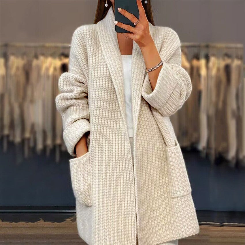 Women’s Knit Cardigan – Oversized Fit – Chunky Wool Blend – Longline Open Front – Pockets
