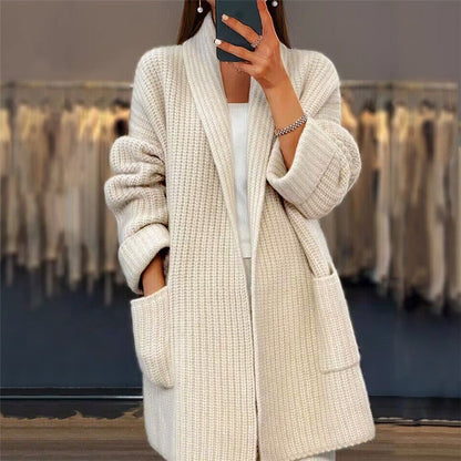 Women’s Knit Cardigan – Oversized Fit – Chunky Wool Blend – Longline Open Front – Pockets