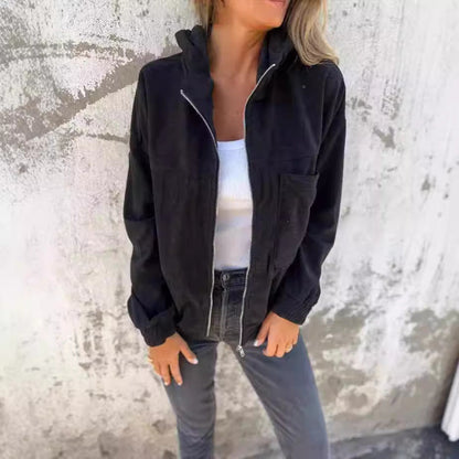 Women’s Hooded Jacket – Relaxed Fit – Corduroy Look – Zip Front – Casual Everyday Wear