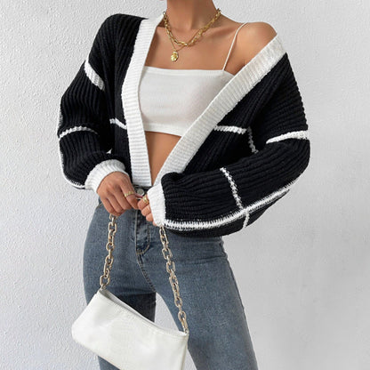 Women’s Knitted Cardigan – Cropped Fit – Soft Ribbed Knit – V-Neck – Balloon Sleeves