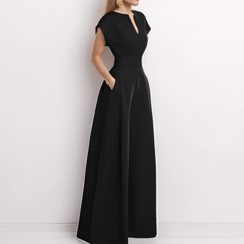 Women’s Jumpsuit – V-Neck – Short Sleeve – Wide Leg – Loose Fit – Lightweight Fabric