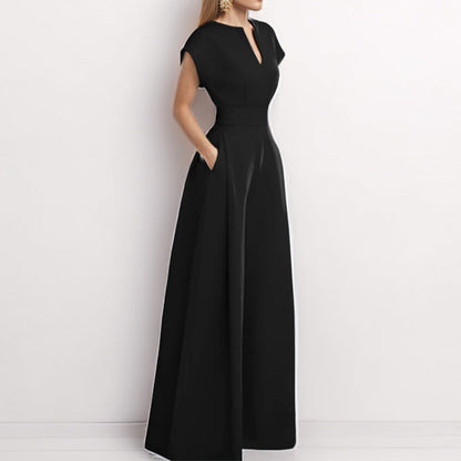 Women’s Jumpsuit – V-Neck – Short Sleeve – Wide Leg – Loose Fit – Lightweight Fabric