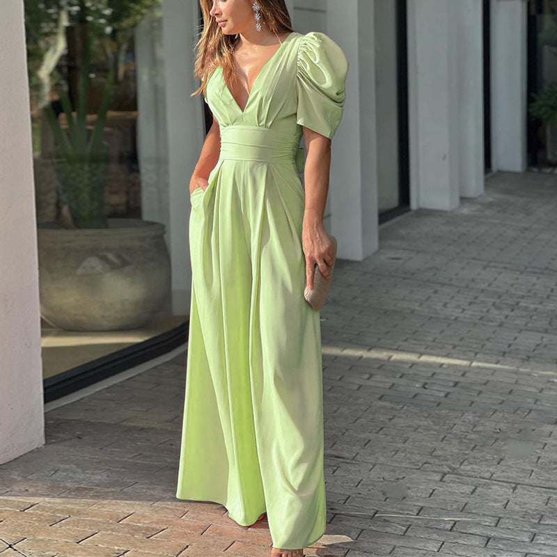 Women’s Jumpsuit – V-Neck – Puff Sleeve – Wide Leg – Cinched Waist – Full Length – Pockets
