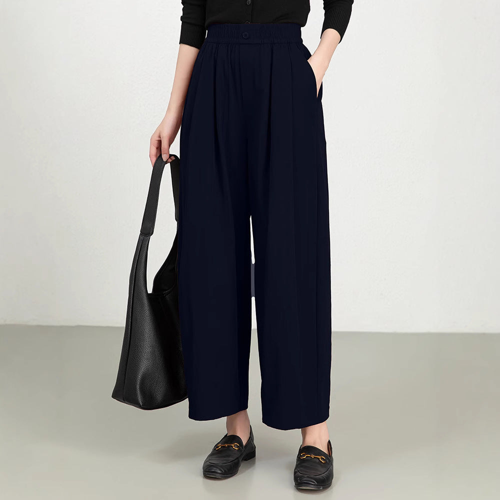 Women’s Wide-Leg Pants – High Rise – Elastic Waist – Pleated – Lightweight Twill
