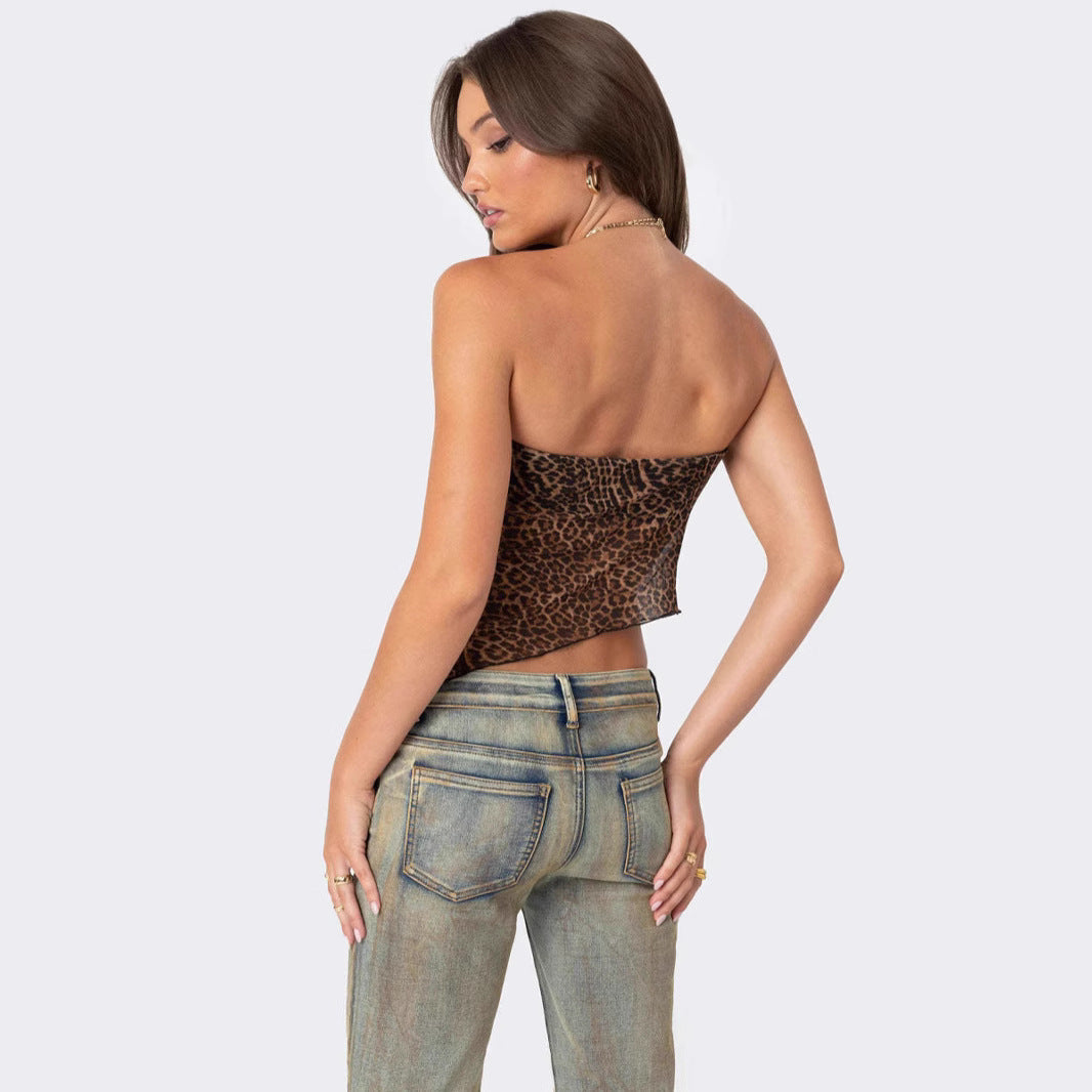 Women’s Tube Top – Slim Fit – Strapless Cropped – Animal Print Asymmetric Hem