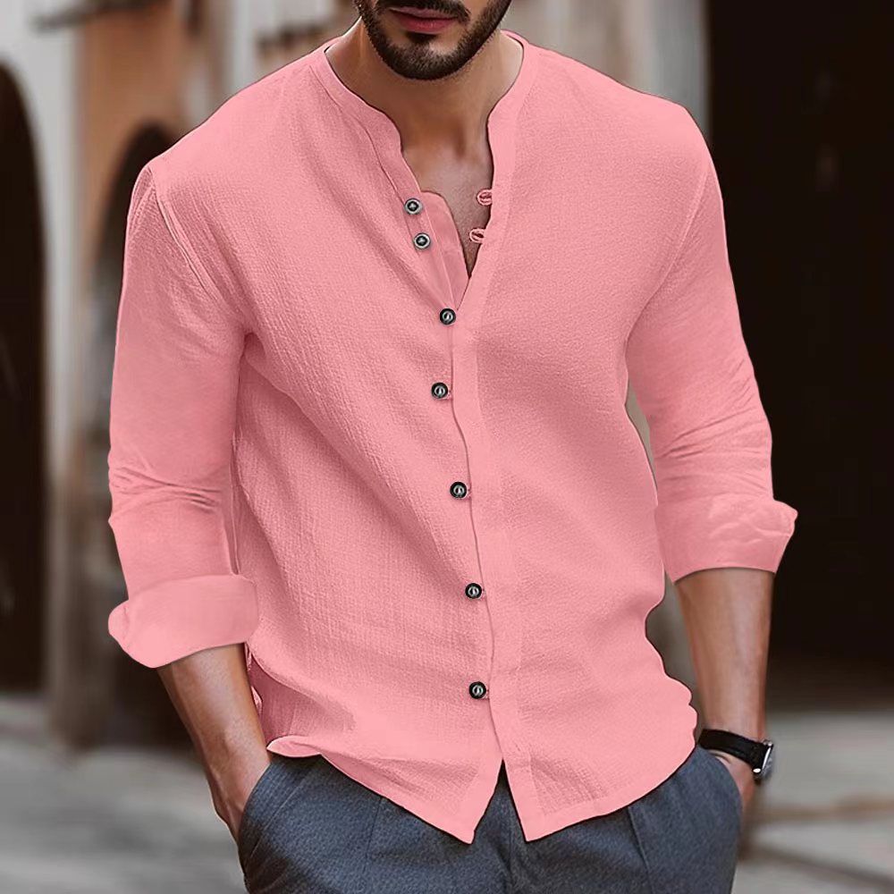 Men’s Long Sleeve Shirt – Relaxed Fit – Band Collar – Breathable Natural Fibers – Button Up