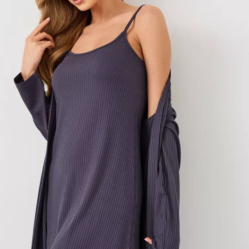 Women’s Loungewear Set – Ribbed Knit – Slim Fit Sleep Dress & Relaxed Open Robe