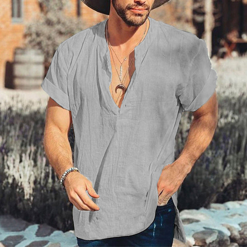 Men’s Short Sleeve Shirt – Relaxed Fit – V-Neck – Natural Fibers – Breathable Casual Wear