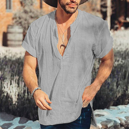 Men’s Short Sleeve Shirt – Relaxed Fit – V-Neck – Natural Fibers – Breathable Casual Wear